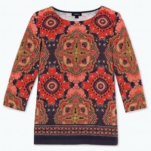 NWT Talbots Merino Wool Sweater Crewneck 3/4 Sleeve Pomodoro Paisley Print L